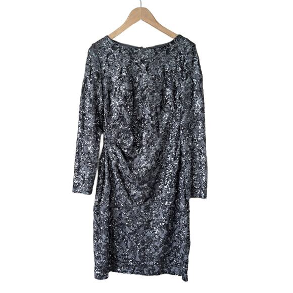 NEW Lauren RALPH LAUREN Gray Sequin Cocktail Dress Size 14 Long Sleeve Sheath - Picture 7 of 9